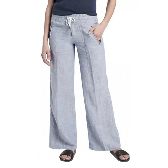 Athleta Cabo Linen Wide Leg Pants Womens 4P Blue Drawstring Lightweight Summer - Picture 1 of 11